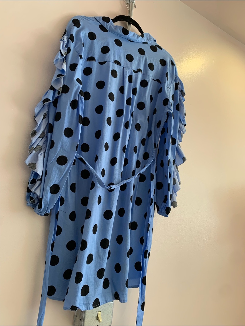 New York & Company Blue and Black Polka Dot Long Sleeve Shirt Dress - Picture 2 of 5